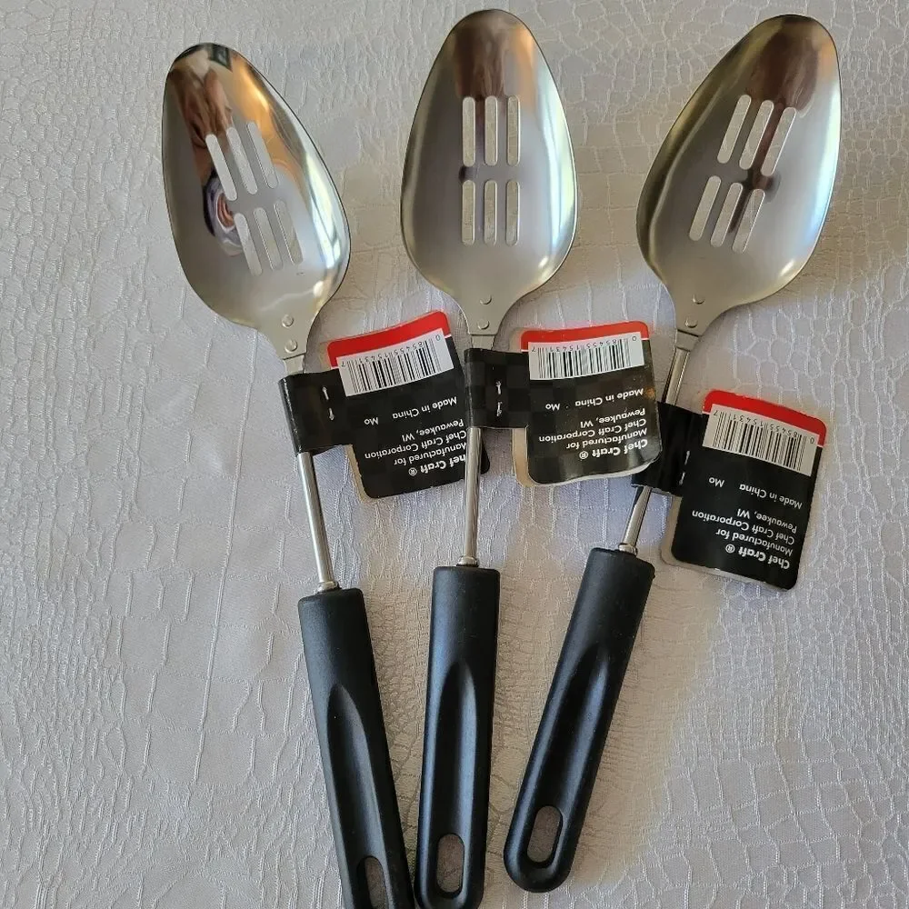 3 Chef Craft Basic Stainless Steel Slotted Spoons, 11.75 inch, Black